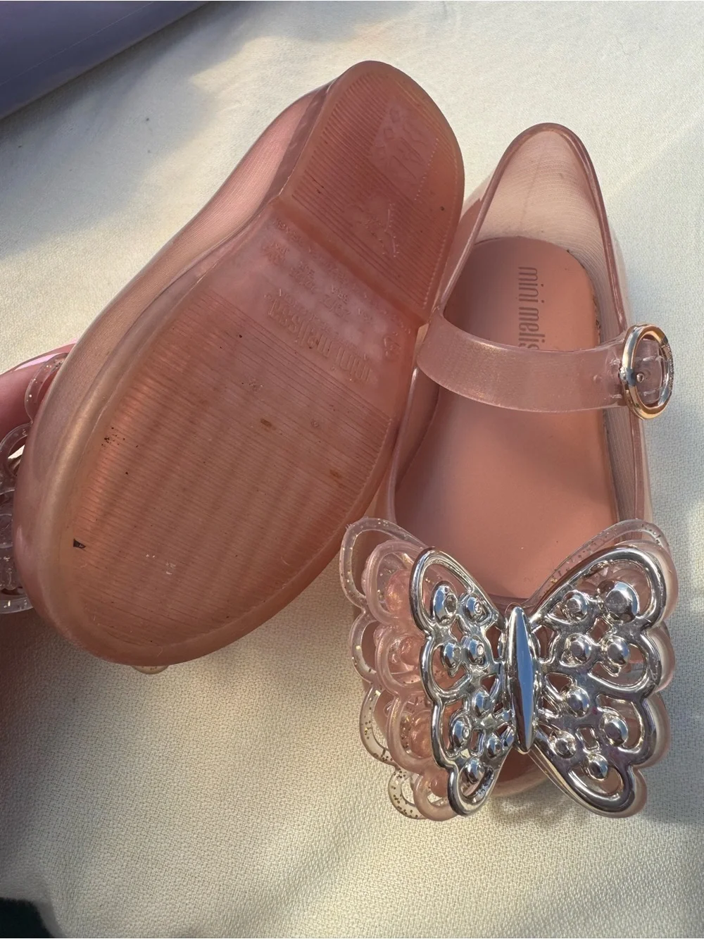 Mini Melissa Rose Pink Jelly Mary Janes with Silver Butterfly Accent